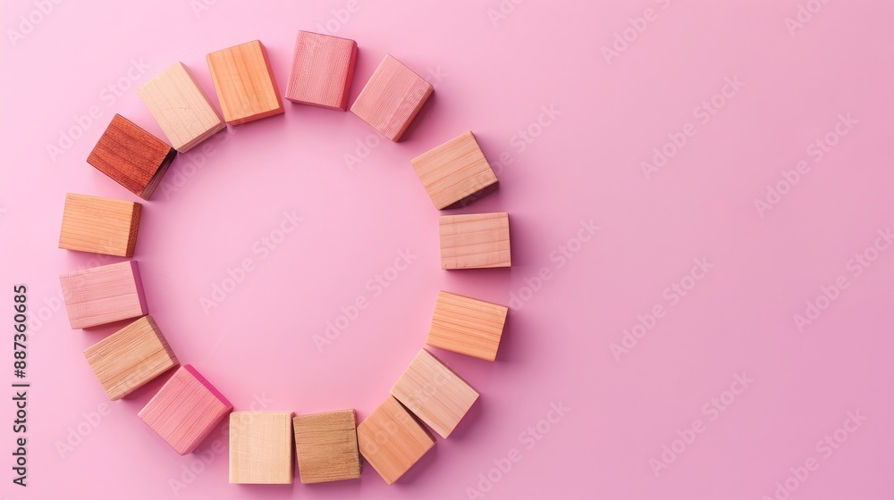 Aufkleber pink background with wooden blocks presenting a circular graph for market share distribution in busi