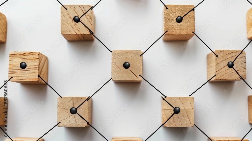 Poster wooden blocks with a network graph on a white background, depicting connectivity and business networ