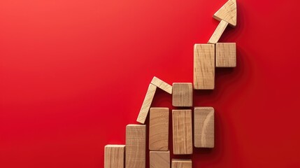 Wooden blocks with a declining graph and arrow down on a red background, illustrating economic downturn. Flat lay, high quality, no realistic photo details