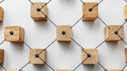 Wooden blocks with a network graph on a white background, depicting connectivity and business networking strategy. Flat lay, high quality, no realistic photo details