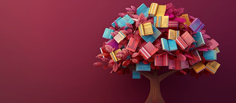 stunning 3D tree with vibrant book-leaves each book cover intricately designed set against solid maroon background. The scene captures the essence of education.