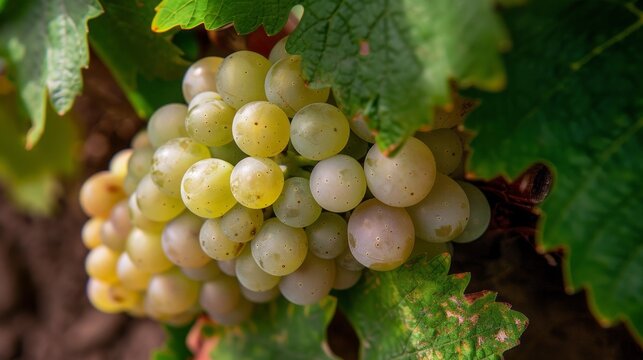 A close-up view of a cluster of green grapes hanging from a vine. The grapes are illuminated by the warm summer sun, casting a glow on their smooth skin