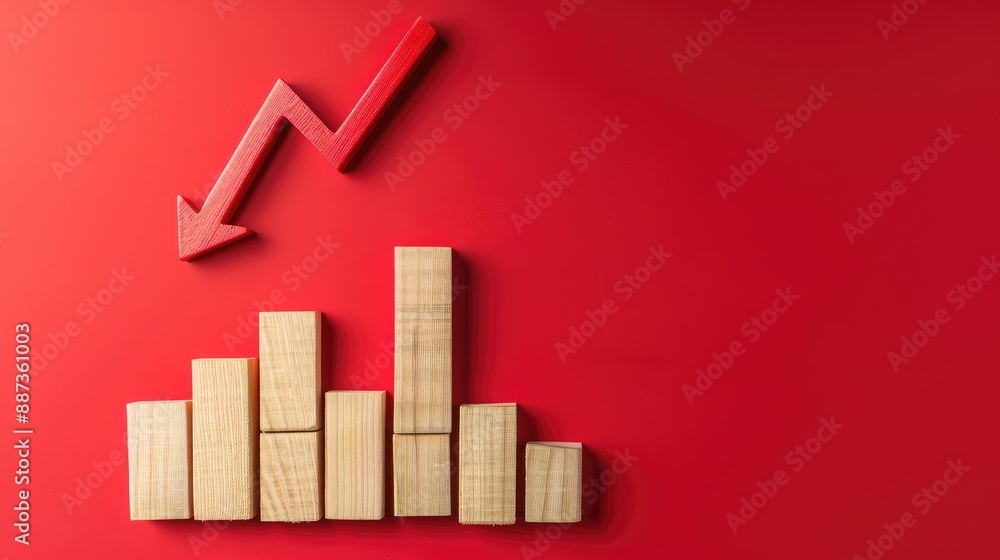 Poster red background with wooden blocks showing a declining graph and downward arrow, representing economi