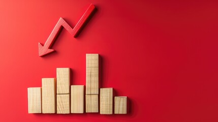 Red background with wooden blocks showing a declining graph and downward arrow, representing economic downturn in market analytics. Flat lay, high quality, no realistic photo details