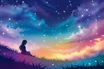 Person gazing at a cosmic sky, symbolizing wonder and dreams in a magical and serene landscape.