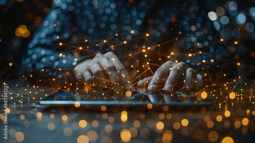 Poster hands typing on a laptop with a network of light
