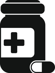 Obraz premium Simple black and white icon of a medicine bottle with a pill lying beside