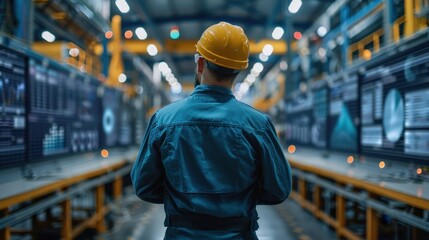 Industrial Engineer in Hard Hat Analyzing Data on Multiple Screens in Modern Factory Setting