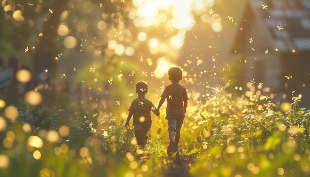 Two Boys Having Fun in a Lush Green Field, Enjoying a Sunny Day, Nature, Laughter, Friendship, Childhood Memories, Outdoor Activities, Playful Moments, Green Grass, Golden Hour, Sunlight, Happy Kids