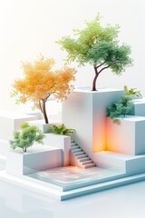 Obraz premium Abstract Futuristic 3D Render Minimalistic Style with Floating Geometric Shapes Isometric Design, Light Color Theme, Bright Background, and Soft Lighting