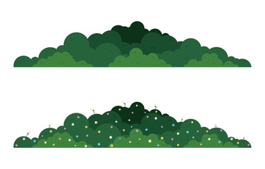 Set of grass bush isolated on white background. Green bush blossom. Green grass collection. Bush with beautiful colorful flowers. Flat vector illustration.