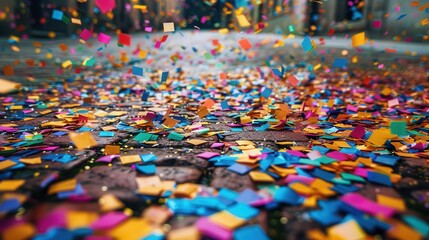 Obraz premium Colorful Confetti Scattered on Cobblestone Street in Vibrant Celebration