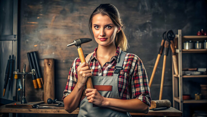 young woman in a plaid shirt and apron confidently holds a hammer against a dark background in a workshop."Woman in workshop attire, holding a hammer with confidence, ideal for promoting gender divers