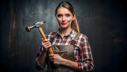 young woman in a plaid shirt and apron confidently holds a hammer against a dark background in a workshop."Woman in workshop attire, holding a hammer with confidence, ideal for promoting gender divers