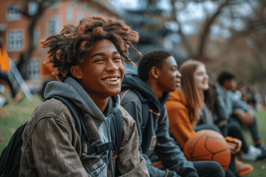 Diverse Multiracial High School Students Relaxing on Campus Lawn with Books and Sports Gear