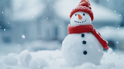  A snowman dons a red hat and scarf in the snowy scene