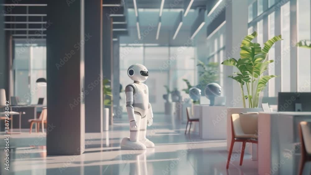 Poster a white humanoid robot stands in an empty office space, with natural light streaming in from large w