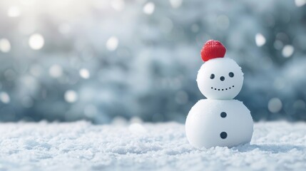  A snowman wearing a red hat stands in a snowy field's center