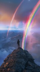 Person standing on mountain peak with multiple rainbows in the sky, vibrant and surreal landscape with colorful atmospheric optics.