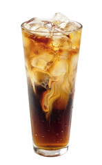 A tall glass of cold, refreshing iced coffee with ice cubes and cream on top, isolated on a transparent background.