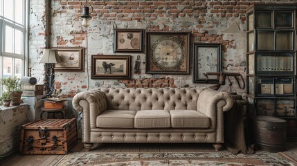 Cozy Vintage Living Room with Brick Wall, Chesterfield Sofa, and Antique Decor Elements