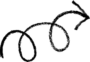 Arrow crayon hand drawn sketch. Pencil and chalk scribble. Doodle charcoal textured grunge element. Curve swirl and spiral black mark