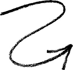 Arrow crayon hand drawn sketch. Pencil and chalk scribble. Doodle charcoal textured grunge element. Curve swirl black mark