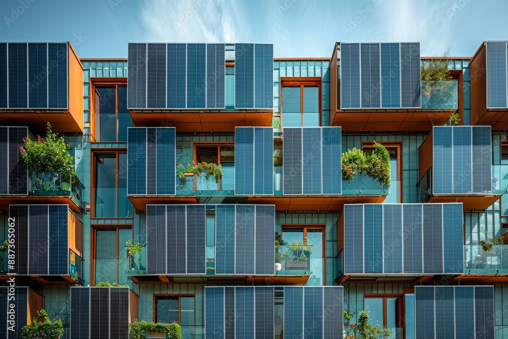 Poster close-up of building windows embedded with photovoltaic cells