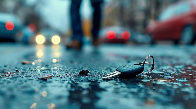 Low angle closeup photography of a man who lost his car keys. Keys on the asphalt street