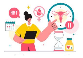 HRT or Hormone Replacement Therapy Acronym Vector Illustration with Treatment and Hormone Medication in a Healthcare Flat Cartoon Background
