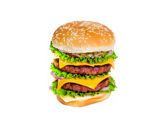 A triple decker cheeseburger isolated on white