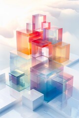 Obraz premium Abstract Futuristic 3D Render Minimalistic Style with Floating Geometric Shapes Isometric Design, Light Color Theme, Bright Background, and Soft Lighting