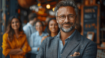 Obraz premium Smiling young businessman leader with team in office portrait, generative AI illustration