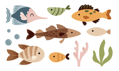 Fototapeta premium Boho fish clipart. Nautical clipart in cartoon flat style. Ocean clipart. Sea doodle. Hand drawn vector illustration. 