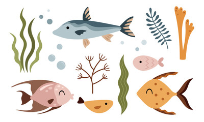 Boho fish clipart. Nautical clipart in cartoon flat style. Ocean clipart. Sea doodle. Hand drawn vector illustration.	
