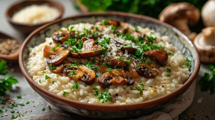 Creamy wild mushroom risotto garnished with fresh parsley and Parmesan cheese, cinematic poster style shot, warm tones, wide angle 