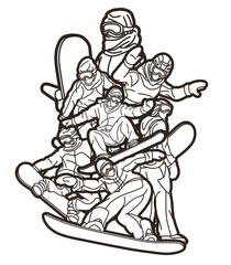 Group of Snowboard Players Mix Action Snowboarder Extreme Sport Cartoon Graphic Vector
