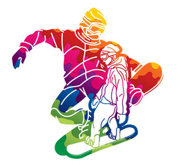 Group of Snowboard Players Mix Action Snowboarder Extreme Sport Cartoon Graphic Vector