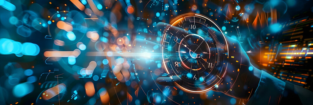 Clock on hand time data digital clock management planning business and time concept