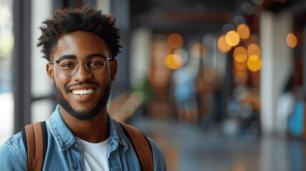 Fototapeta premium Cheerful African American Man with Glasses Holding Laptop on Blue Background