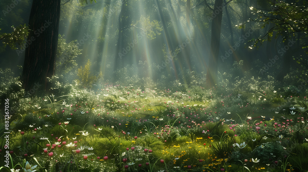 Poster a forest with a path through it and a tree in the middle. the sun is shining through the trees, crea