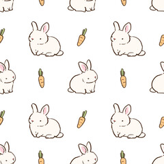 Seamless Pattern with Hand Drawn Rabbit and Carrot Design on White Background