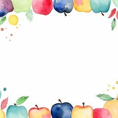 A watercolor painting depicting a border of colorful apples with green leaves and paint splashes on a white background