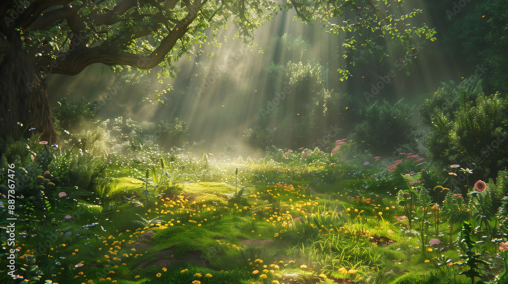 Poster a forest with a path through it and a tree in the middle. the sun is shining through the trees, crea
