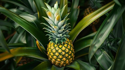 Obraz premium One whole organic tropical pineapple ananas plant tree fruit, raw vegan diet sweet desert food
