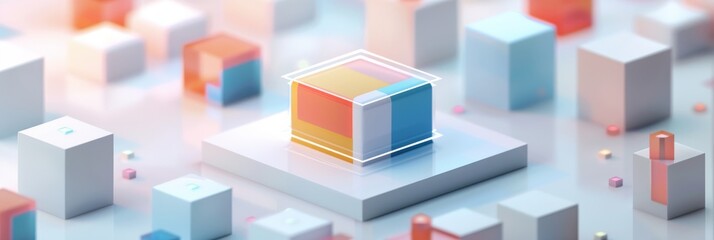 Obraz premium Abstract Futuristic 3D Render Minimalistic Style with Floating Geometric Shapes Isometric Design, Light Color Theme, Bright Background, and Soft Lighting