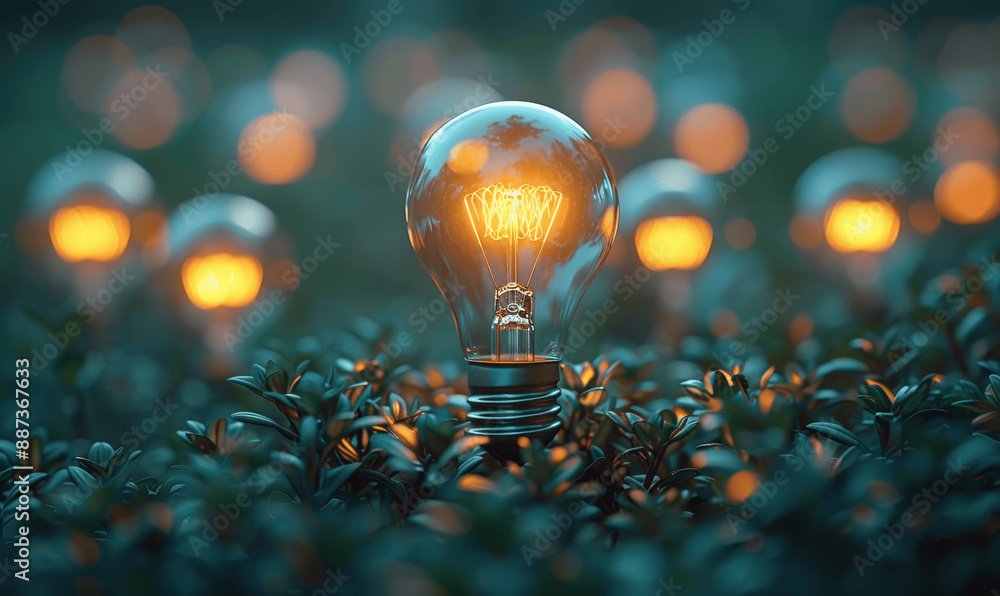 Poster glowing light bulb among dark bulbs on pastel green background with copy space for creative thinking