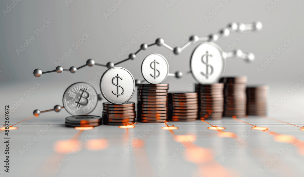 Poster rising progress with coins and arrows up on growth chart line graph representing financial investmen