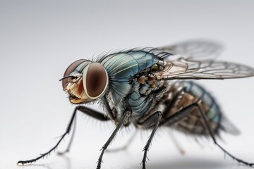 A macro close-up of a housefly perched showing its hairy body large eyes and transparent wings isolated white background