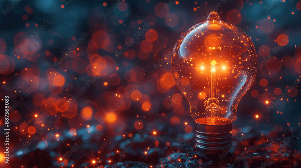 Poster light bulb glowing on abstract background with blurred lights and digital network connections repres